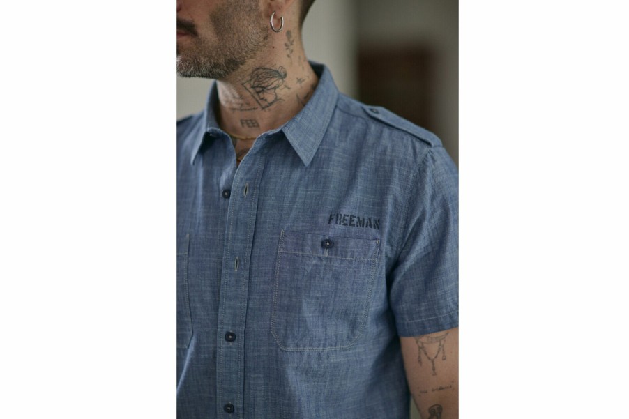 Shirts | Freeman T Porter Glenn Denim Short Sleeve Shirt Man, Shoal Ocean