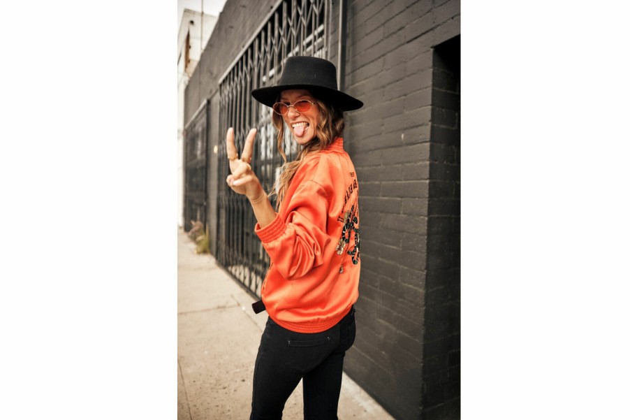 Jackets & Blazers | Freeman T Porter Troopie Snake Embroidered Satin Bomber Woman, Tangerine Tango