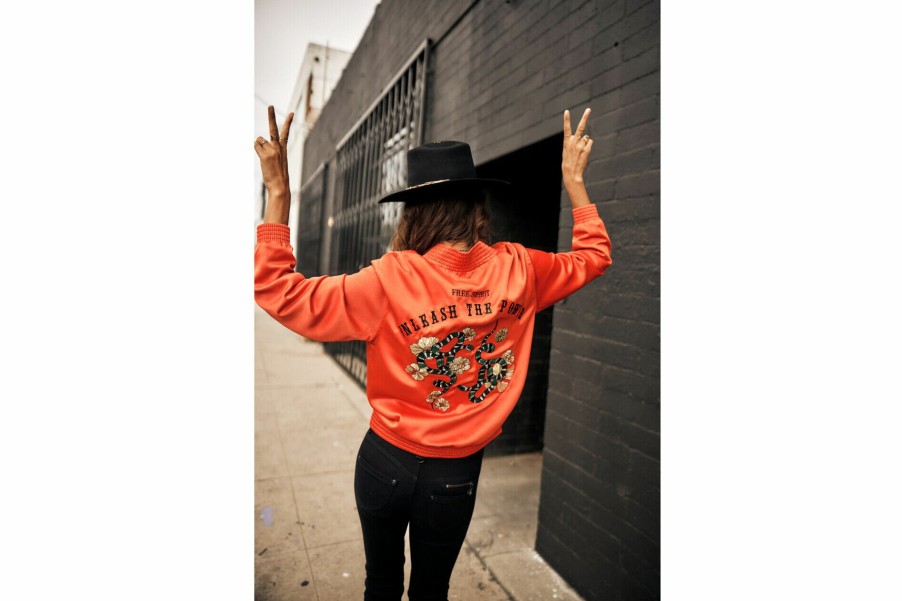 Jackets & Blazers | Freeman T Porter Troopie Snake Embroidered Satin Bomber Woman, Tangerine Tango