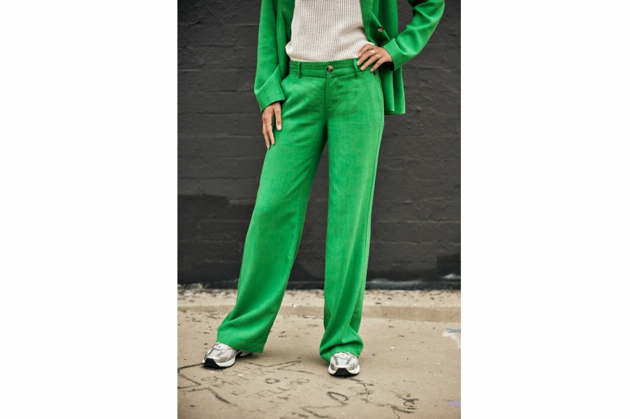 Colored Pants | Freeman T Porter Agatha Plain Linen Wide-Leg Pants Woman, Jolly Green