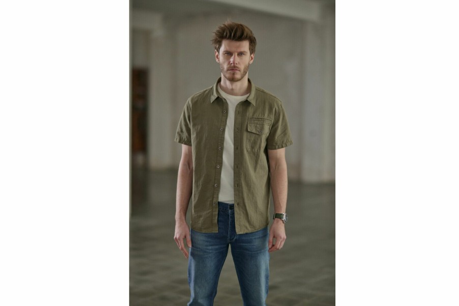 Shirts | Freeman T Porter Joshua Washed Linen Short Sleeve Shirt Man, Dusty Olive