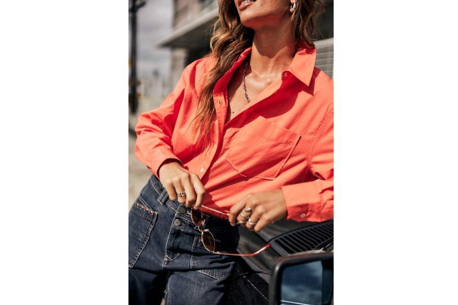 Tops & Shirts | Freeman T Porter Chella Plain Color Cotton Shirt Pocket Woman, Hot Coral