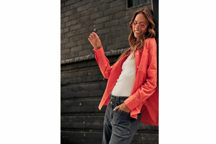 Tops & Shirts | Freeman T Porter Chella Plain Color Cotton Shirt Pocket Woman, Hot Coral