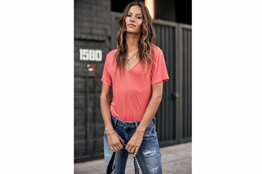 T-Shirts | Freeman T Porter Tobby Fancy V-Neck T-Shirt Woman, Hot Coral